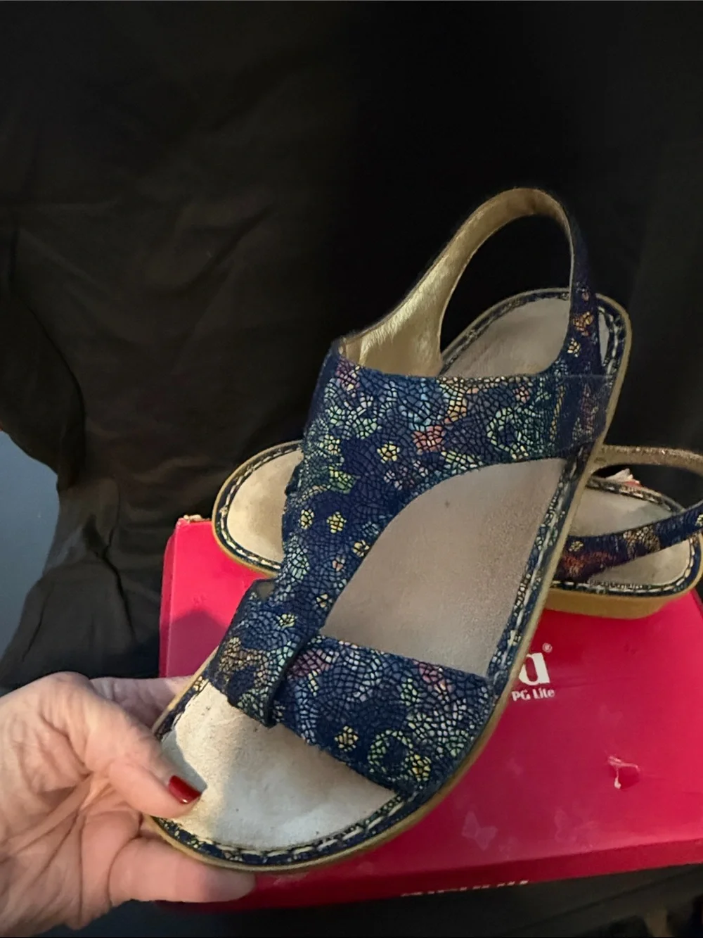 Alegria Blue Mosaic Platform Sandals with Yellow Platform
